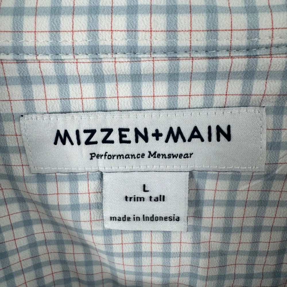 Mizzen+Main Mens‎ Trim Tall Performance Dress Shirt Blue White Check Size L
